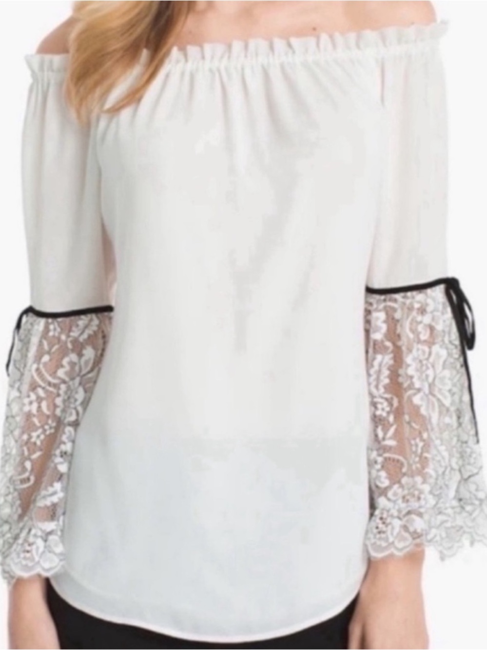 WHBM Drama Sleeve Blouse Off the Shoulder Velvet Trim Ecru White Black Size M